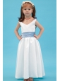 White A-line V-neck Flower Girl Dress Ankle-length Taffeta Belt