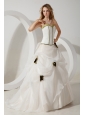 White Ball Gown Sweetheart Wedding Dress Hand Made Flowers Brush Train Organza