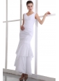 White Column V-neck Appliques wedding Dress Ankle-length Taffeta