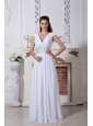 White V-neck Chiffon Beading Prom Dress with sleeves
