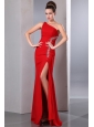 Beautiful Red One Shoulder Chiffon Prom Dress with silver beading on top side