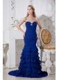 Beautiful Blue Mermaid Ruffled Prom Dress Sweetheart Brush Train Chiffon Beading