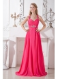 Hot Pink Empire Halter Beading Prom Dress Brush Train Chiffon
