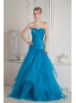Low Price Teal Color Mermaid Prom Dress Sweetheart  Brush Train Appliques
