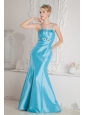 Aqua Blue Junior Prom Dress Mermaid Straps Beading Brush Train Satin