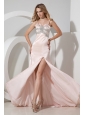 Baby Pink Empire Spaghetti Straps Prom Dress Brush Train Chiffon Beading