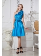 Sky Blue A-line One Shoulder Short Prom Dress Taffeta Hand Made Flowers Knee-length