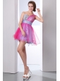Hot Pink and Lilac A-line One Shoulder Beading Prom Dress Mini-length Organza