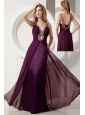 Dark Purple Prom Dress Column V-neck Floor-length Elastic Woven Satin and Chiffon Beading