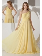 Light Yellow Empire One Shoulder Beading Prom Dress Brush Train Chiffon