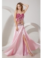 Baby Pink Empire Straps Brush Train Stretch Charmeuse and Sequin Prom / Evening Dress