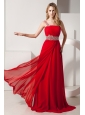 Red Empire Beading Prom Dress One Shoulder Brush Train Chiffon
