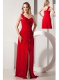 Red Empire One Shoulder Hand Made Flowers Prom / Evening Dress Brush Train Chiffon