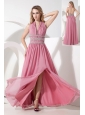 Rose Pink Empire Halter Prom Dress Chiffon Beading Floor-length