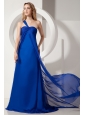 Royal Blue A-line One Shoulder Ruch Prom / Evening Dress Brush Train Satin and Chiffon