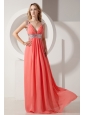 Rust Red Empire V-neck Prom Dress Sequins Chiffon Floor-length