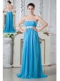 Sexy Aqua Blue Strapless Chiffon Beading Prom Dress Brush Train