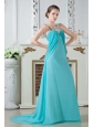 Turquoise Empire Straps Ruch and Beading Prom Dress Brush Train Chiffon