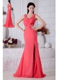 Watermelon Prom / Evening Dress Empire Straps Brush Train Chiffon Ruch