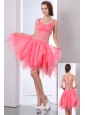 Watermelon Prom Dress A-line Straps Asymmetrical Organza Beading