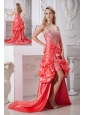 Watermelon Red Column Prom Dress Sweetheart Hand Made Flowers and Beading High-low Taffeta