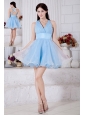 Aqua Blue Princess V-neck Short Prom / Homecoming Dress Organza Pleat Mini-length