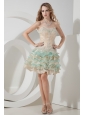 Champagne and Aqua A-line / Princess Sweetheart  Beading and Embroidery Short Prom Dress Mini-length Organza