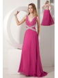 Hot Pink A-line V-neck Appliques With Beading Prom dress Floor-length Chiffon