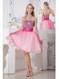 Pink A-line Strapless Short Prom Dress Taffeta and Organza Beading Knee-length