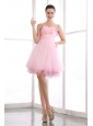 Pink A-line Straps Short Prom Dress Organza Beading Mini-length