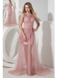 Light Pink Column Scoop Beading Prom Dress Brush Train Tulle