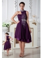 Dark Purple Empire Asymmetrical  Prom Dress Knee-length Chiffon Beading