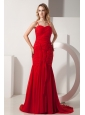 Red Mermaid Prom Dress Spaghetti Straps Brush Train Chiffon Ruch