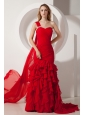Red Mermaid Watteau  Ruffles Prom Dress One Shoulder Train Chiffon