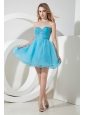 Teal A-line / Princess Sweetheart Beading Prom Dress Mini-length Organza