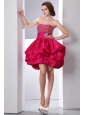 Hot Pink A-line Strapless Short Prom Dress Taffeta Beading Mini-length