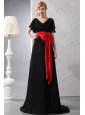 Beautiful Red and Black V-neck Bow Prom Dress  Brush Train Chiffon and Taffeta Empire