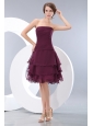 Cheap Burgundy A-line / Princess Strapless  Ruch Bridesmaid Dress Mini-length Chiffon
