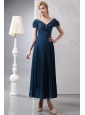 Classical Navy Blue Column V-neck Beading Mother Of The Bride Dress Ankle-length Chiffon