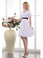 Elegant White A-line V-neck Mini-length Bridesmaid Dress Chiffon Ruch