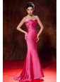 Exquisite Hot Pink Junior Prom Dress Mermaid Strapless Brush Train Satin Ruch