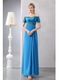Modest Sky Blue Column Prom Dress Off The Shoulder Ankle-length Taffeta and Chiffon Beading