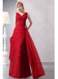 Perfect Red Column V-neck Ruch Mother Of The Bride Dress Floor-length Chiffon