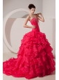 Beauty Coral Red A-line / Princess Sweetheart Sweet 16 Dress Brush Train Taffeta Beading