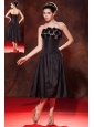 Modest Black A-line / Princess Strapless Prom Dress Tea-length Taffeta Hand Made Flowers
