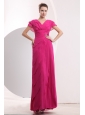 Modest Hot Pink Empire V-neck Prom DressChiffon Beading Floor-length