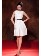 Modest White A-line / Princess Prom Dress Bateau Mini-length Taffeta