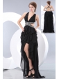 Sexy Black Prom / Homecoming Dress V-neck High-low Chiffon Beading Empire