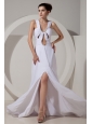 Sexy White Prom Dres Wide Straps Brush Train Chiffon Beading and Ruch Column / Sheath