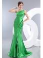 Unique Spring Green Mermaid Prom Dress One Shoulder Brush Train Elastic Woven Satin Ruch